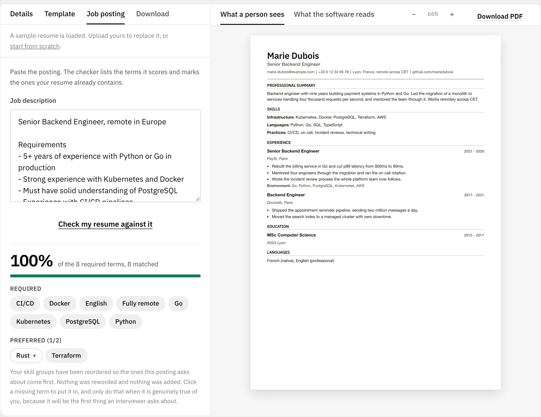 The match against a pasted job posting: the rate, the matched terms and the missing ones
