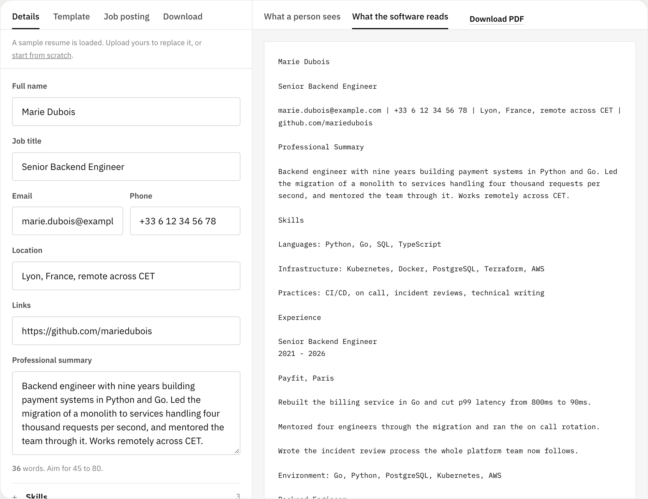 The tool with a resume loaded: the fields on the left, and on the right the plain text a parser extracts from the page